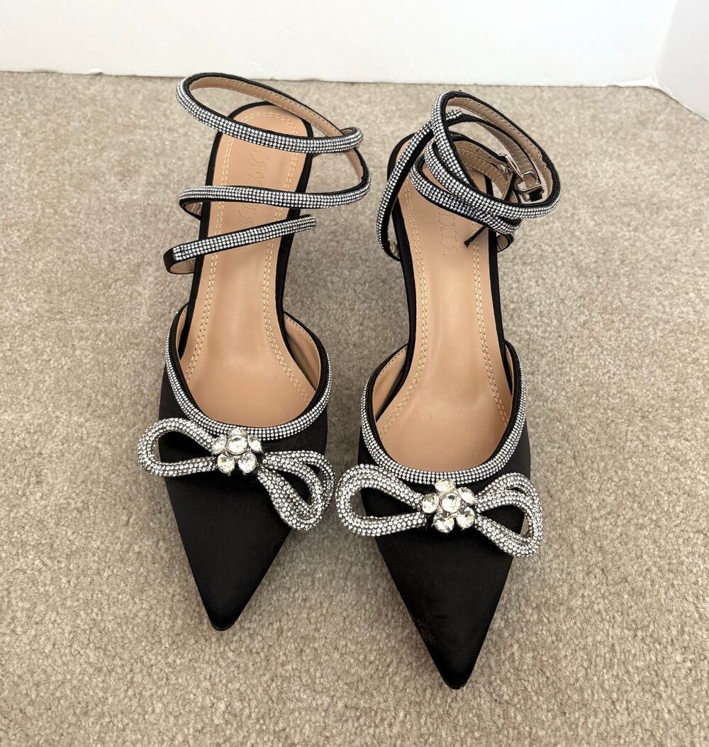 Black Satin Silver Rhinestone Strappy Heels, Hayixia Sandals, Women Size 39, 8.5